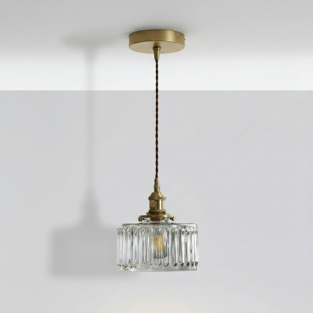 Clara ribbed glass pendant light in clear glass with brass finish