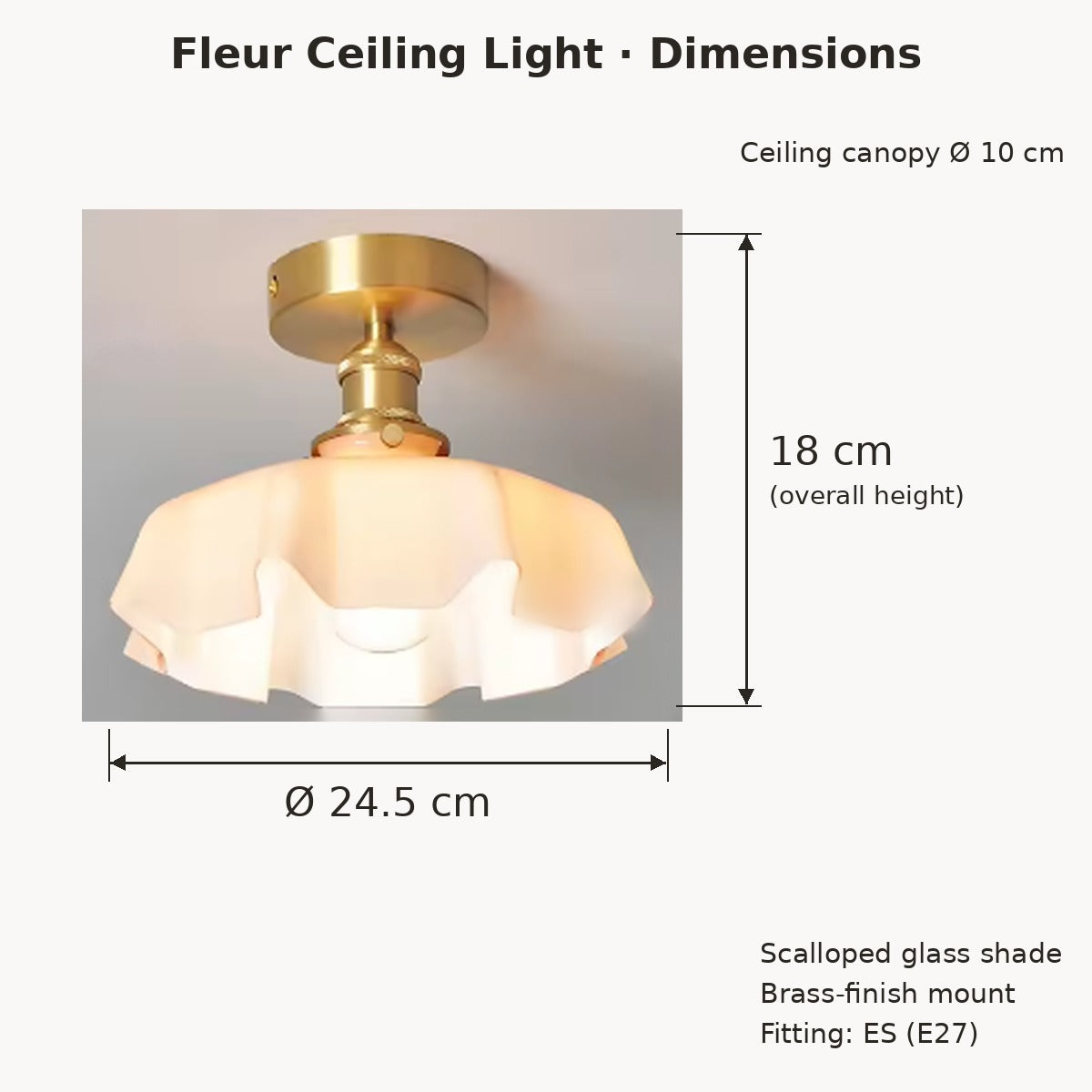 Fleur semi-flush dimensions in cm: 24.5cm wide, 18cm high, ceiling plate 10cm