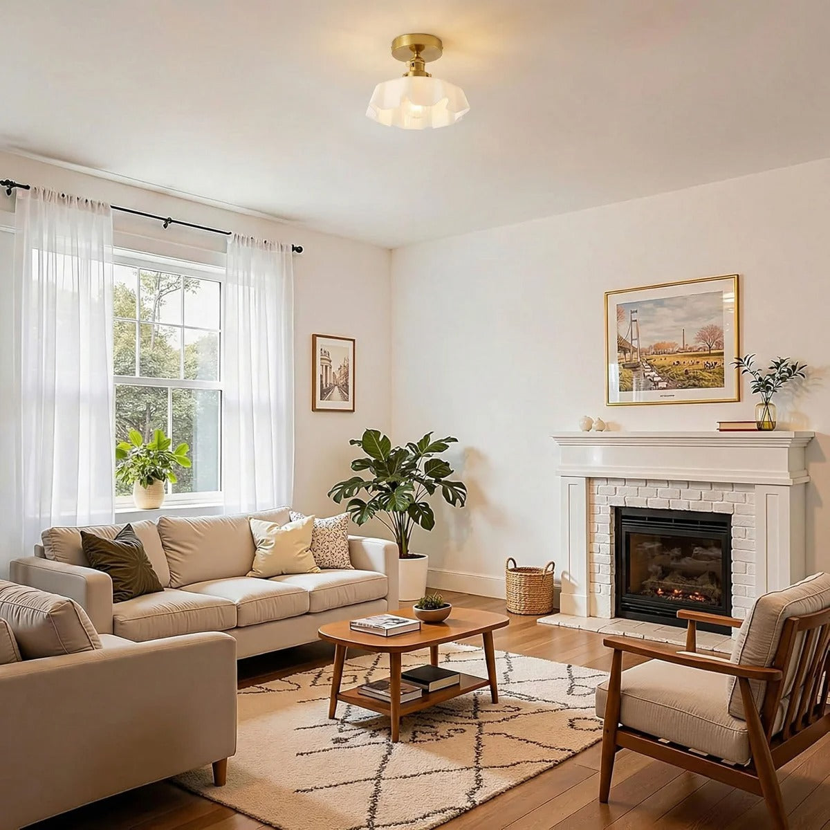 Fleur scalloped glass semi-flush ceiling light in a living room
