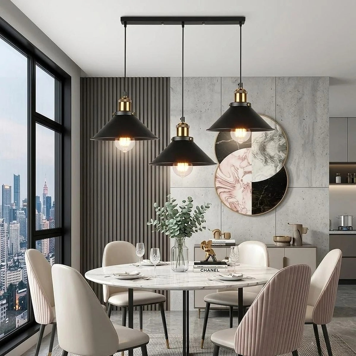 Three black cone pendant lights at staggered heights above a round dining table