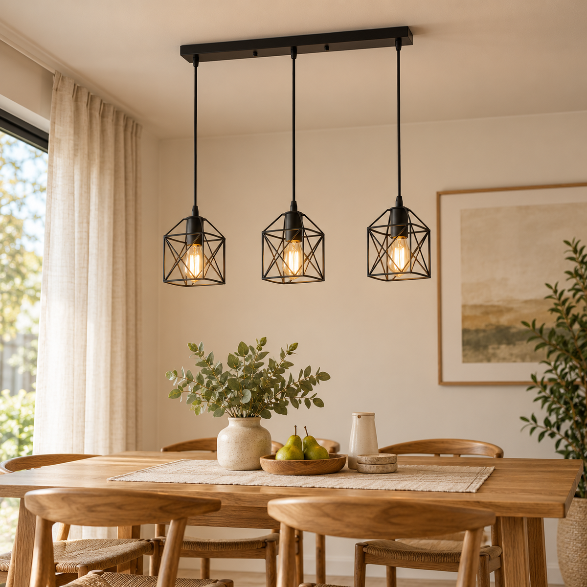 Hudson black cage 3-light pendant bar above an oak dining table