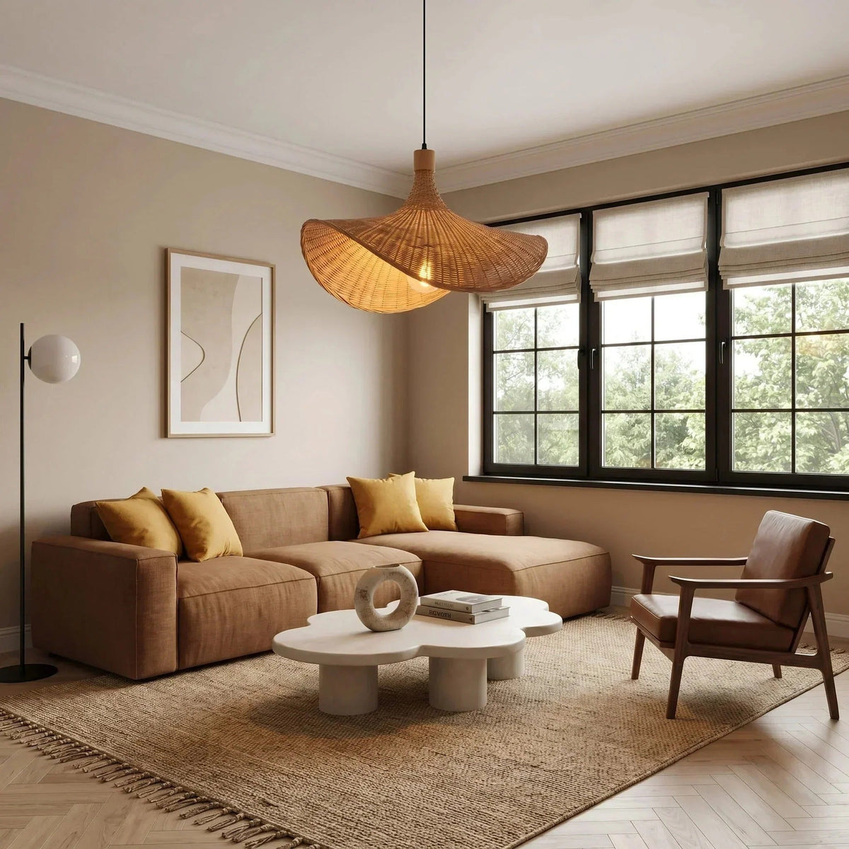 Kasa woven bamboo hat pendant light above a sofa