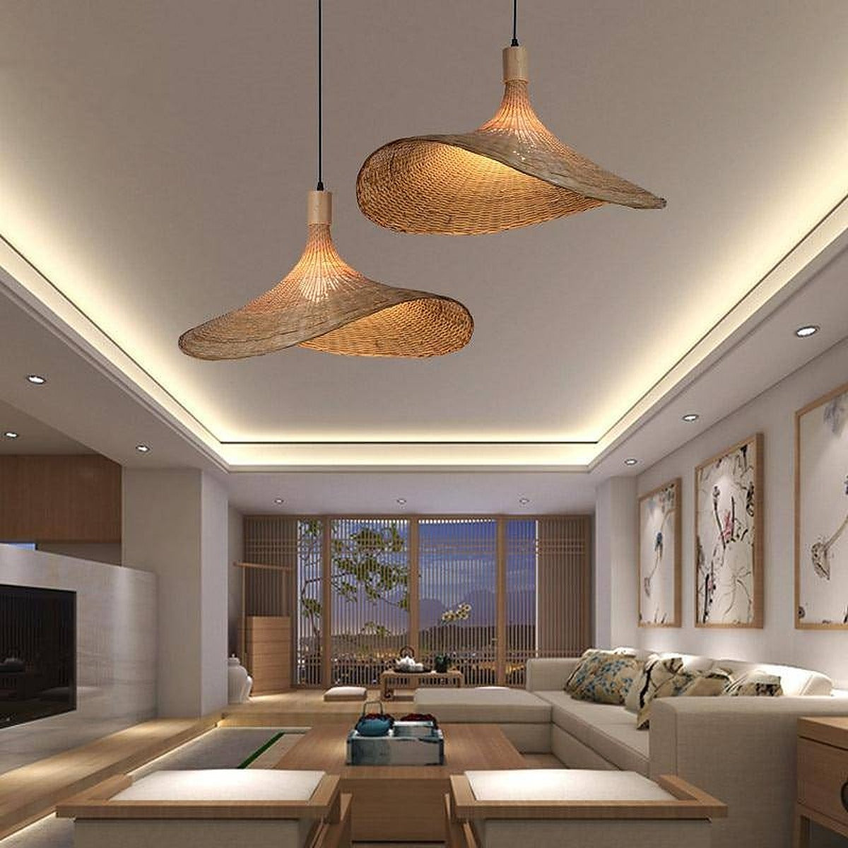 Two Kasa bamboo hat pendant lights in a modern lounge
