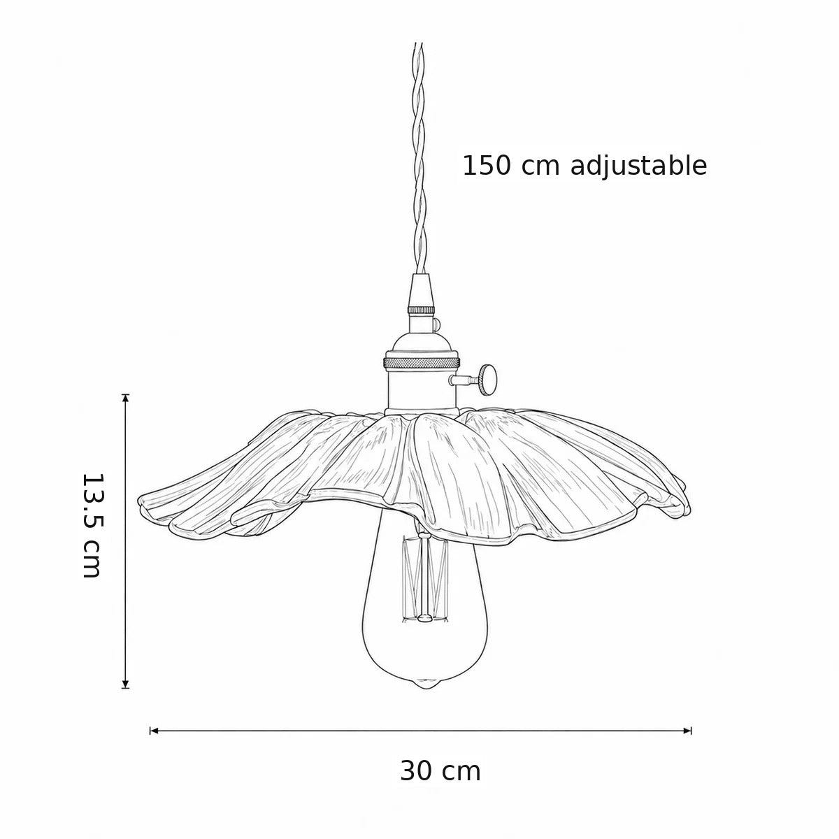 Lily pendant dimensions: 30cm wide, 13.5cm high, 150cm cable
