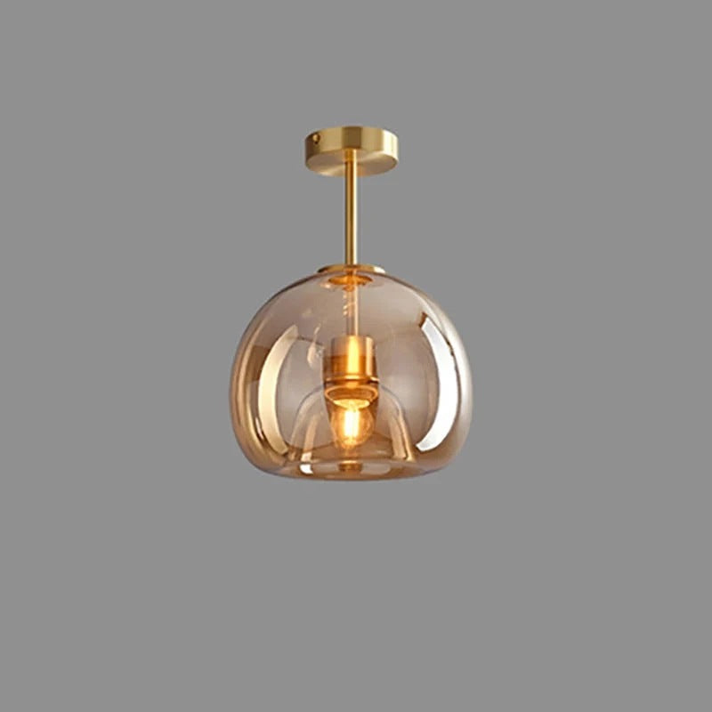 Nordic amber glass semi-flush ceiling light with gold rod