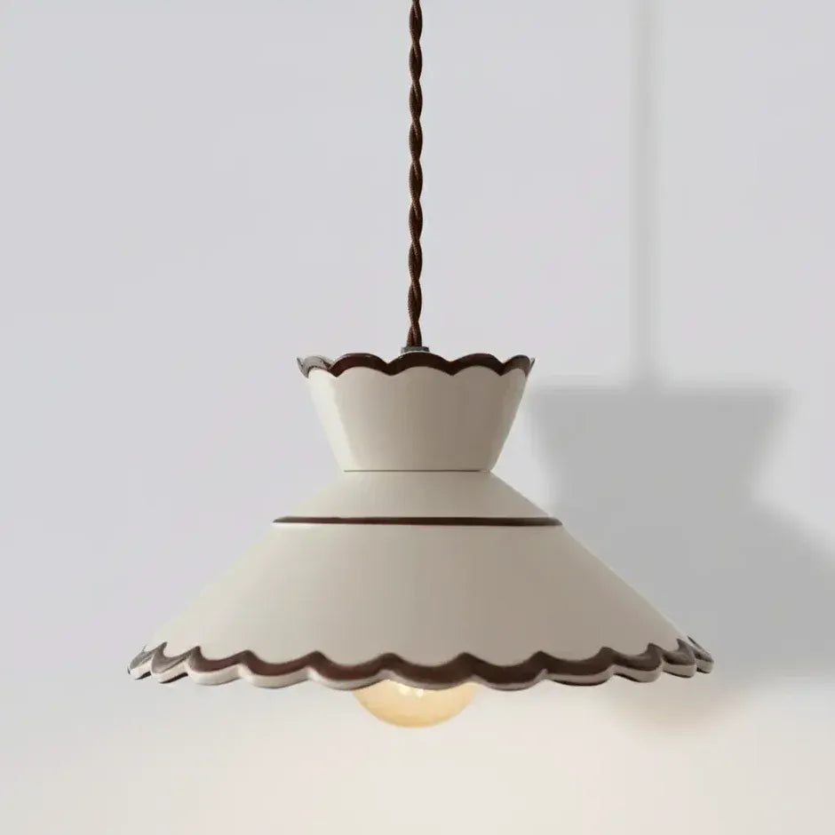 Evelyn cream ceramic scallop pendant light with brown hand-painted edge