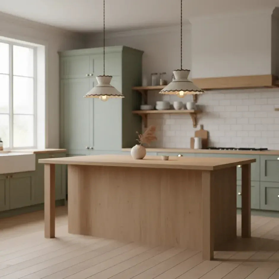 Evelyn ceramic scallop pendant lights above a kitchen island