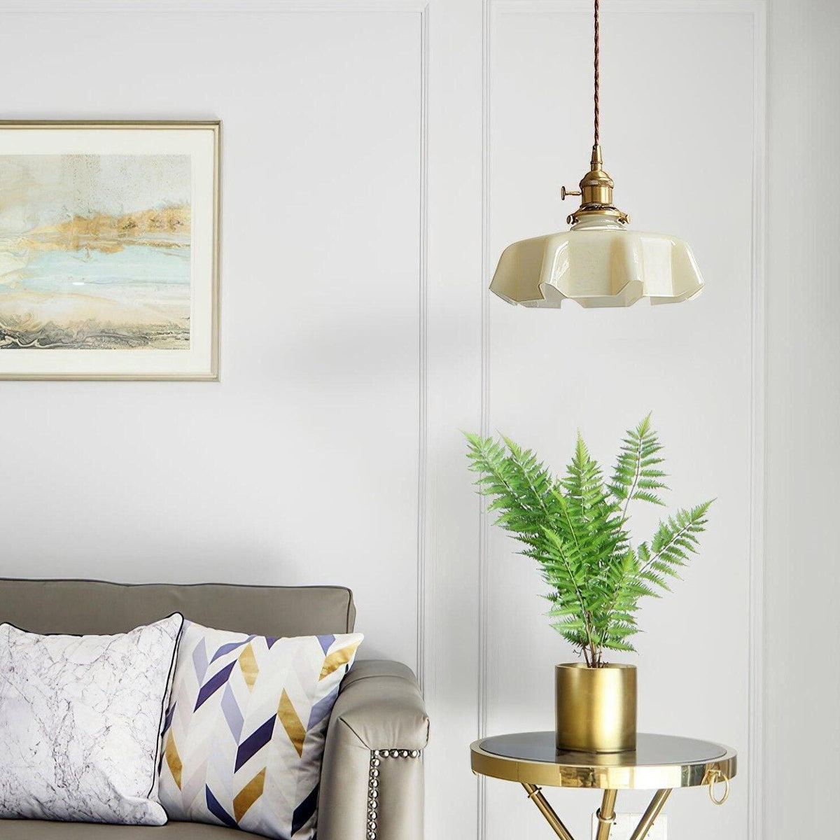 Fleur cream glass pendant light in a bright living room