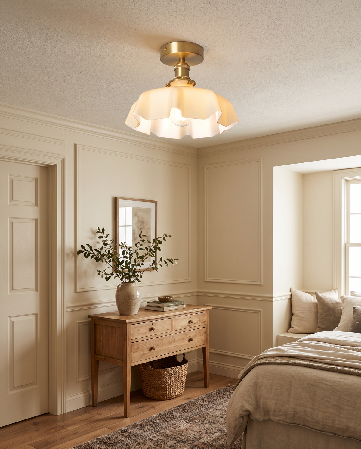 Fleur cream scalloped glass semi-flush ceiling light in a warm bedroom