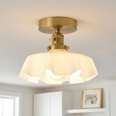 Fleur white scalloped glass semi-flush ceiling light lit in a kitchen
