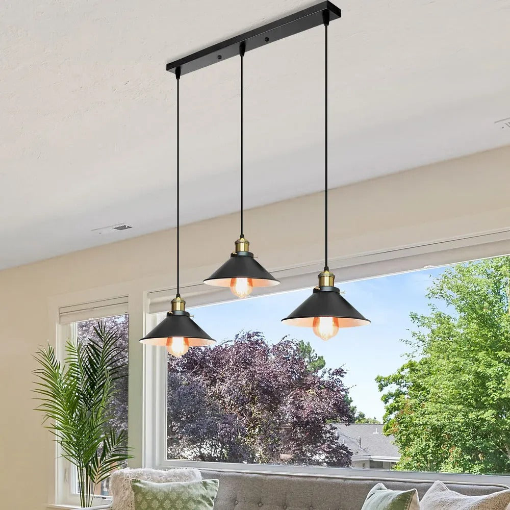 Black cone 3-light bar pendant in a bright living room