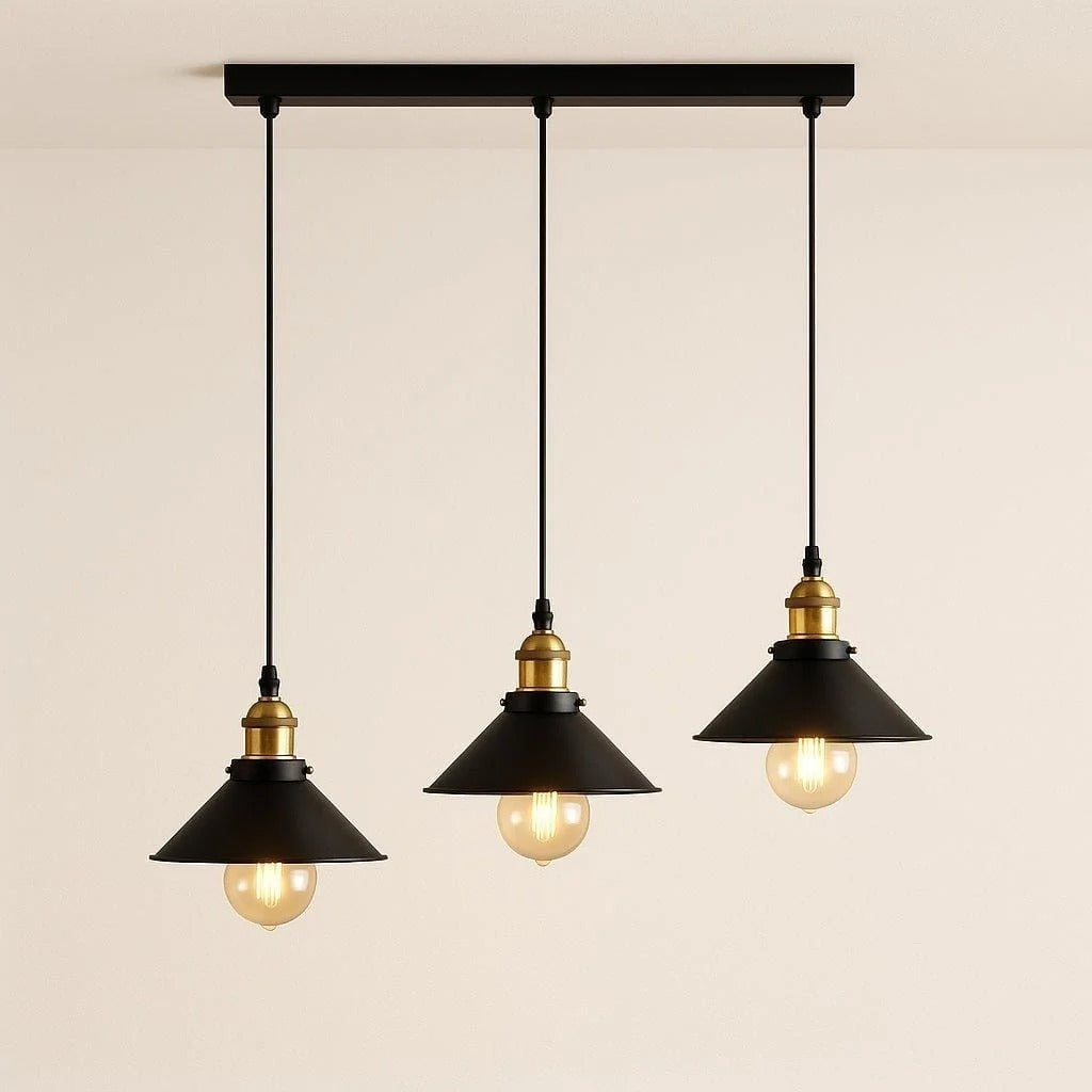 Black cone 3-light pendant on a linear ceiling bar