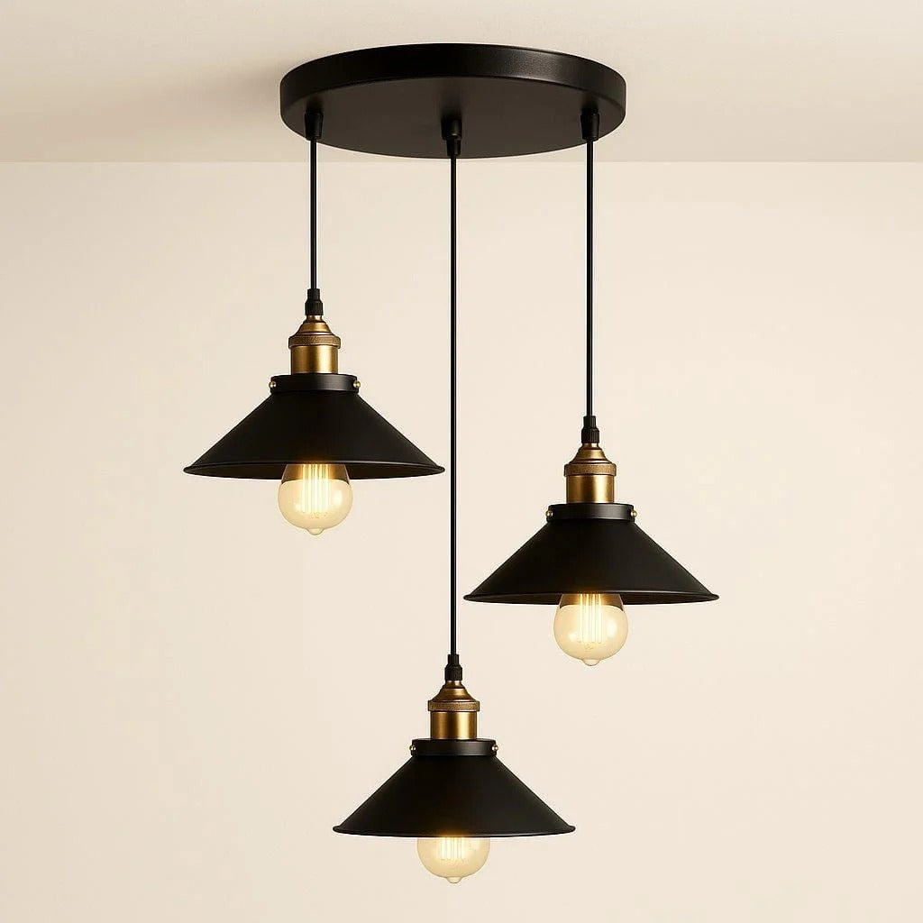 Black cone 3-light cluster pendant with round ceiling plate
