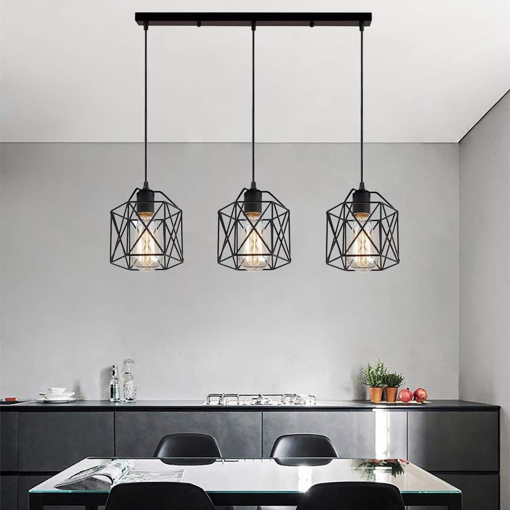 Hudson black cage 3-light pendant bar in a modern grey kitchen
