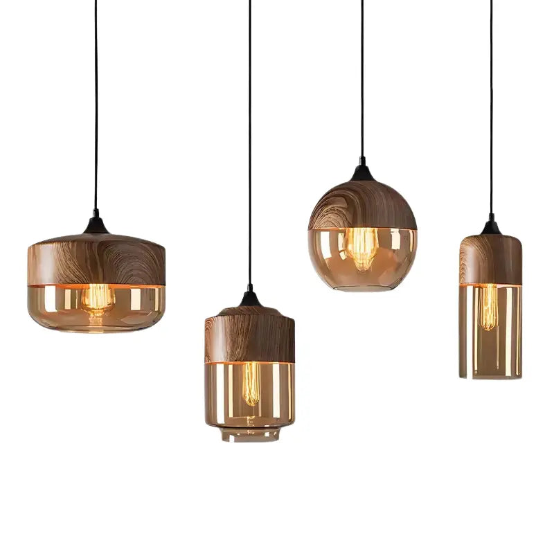 Jasper woodgrain and amber glass pendant light in four shapes