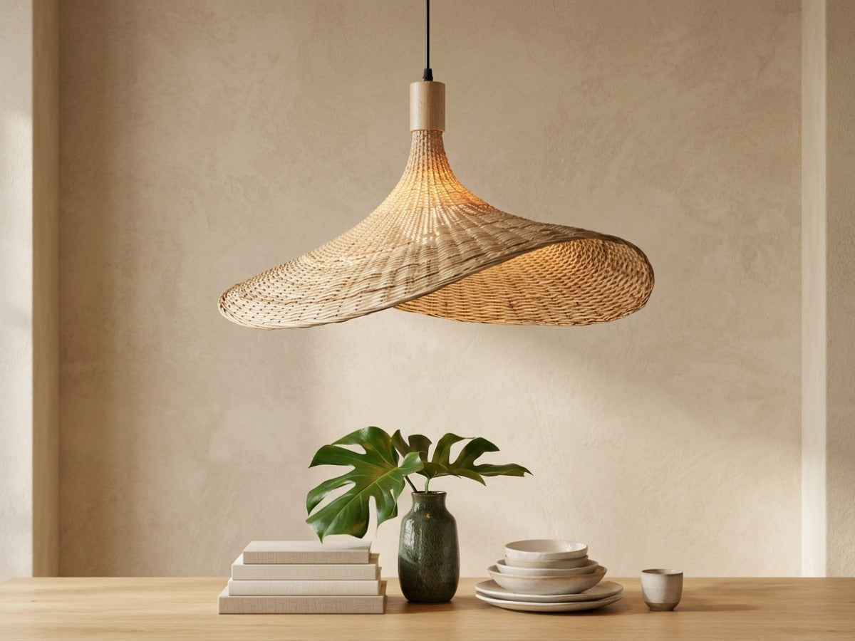 Kasa woven bamboo hat pendant light above a timber dining table
