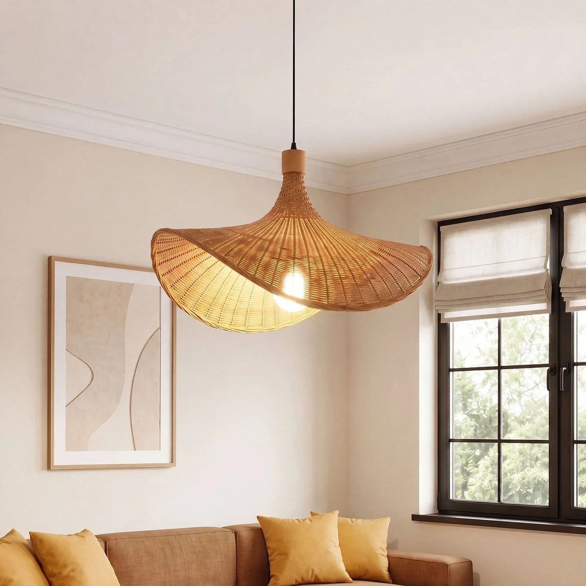 Kasa woven bamboo hat pendant light glowing in a warm living room corner