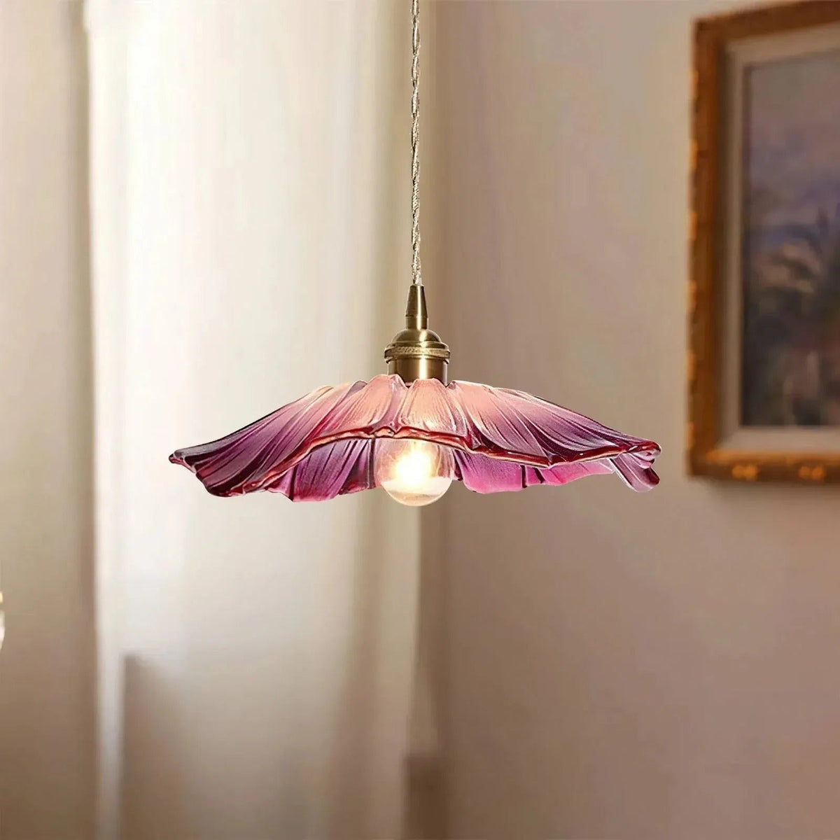 Purple flower glass pendant light switched on