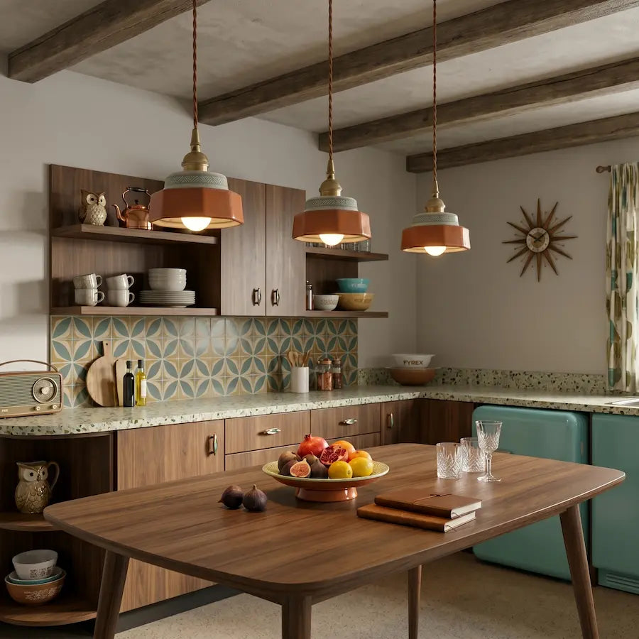 Nora red ceramic pendant light in a kitchen