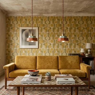 Nora red ceramic pendant light in a living room