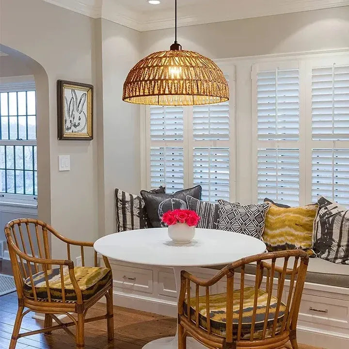 Sora hemp rope pendants over a dining table
